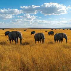 Fototapeta premium Elephants in Savanna under Blue Sky 