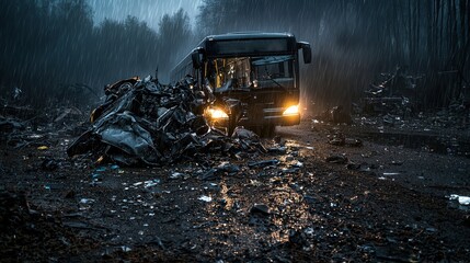 Fototapeta premium Abandoned bus amidst rainy wasteland junkyard dramatic scene gloomy atmosphere close-up view environmental impact