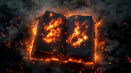 A mysterious burning book is surrounded by smoke and particles. [Volcanic Temples] | Radiant Ash | burning dust. Illustration