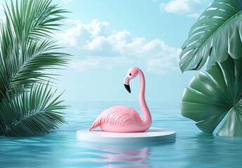 Obraz premium Pink Flamingo Float on Calm Water Surrounded by Tropical Palm Leaves and Cloudy Sky