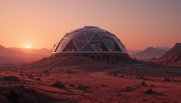 Futuristic Geodesic Dome Habitat on Mars-like Planet at Sunset