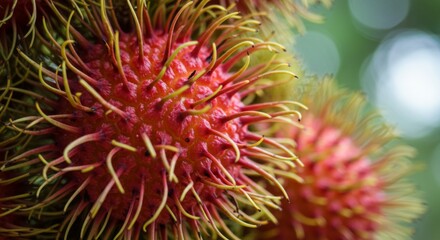 Closeup of Red Rambutan Fruit with Green Blurred Background