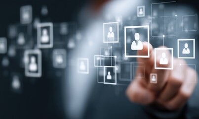 Human resource technology, HR recruitment and team management, Human resource manager reviewing online CVs to select perfect candidate for employment using digital technology and networking tools