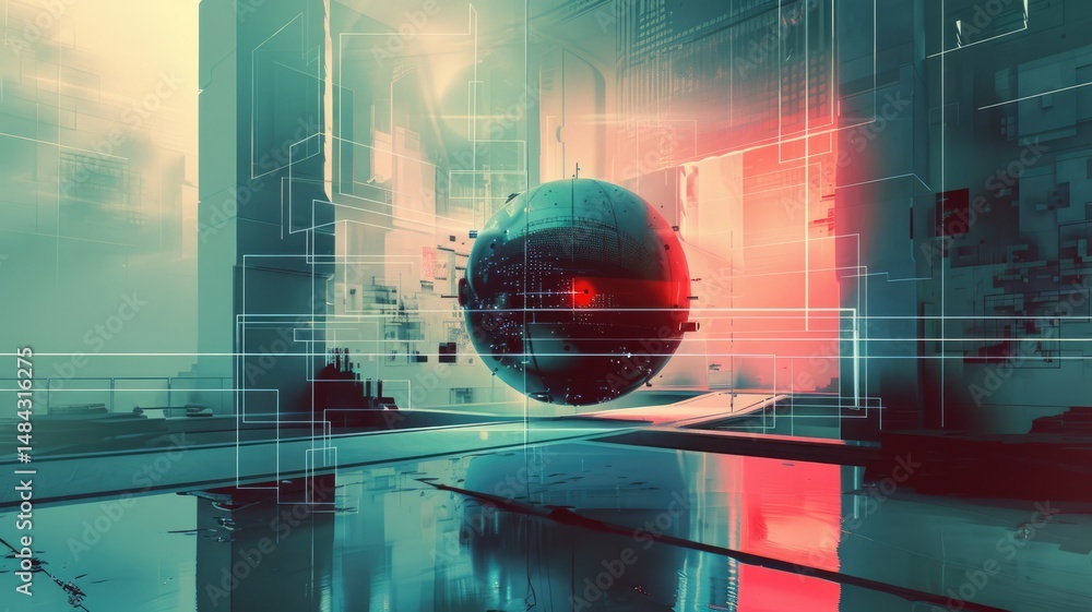 Poster abstract digital shape and particle technological cyber style design connecting become system shape 
