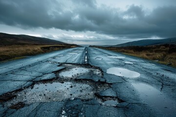 The close up picture of the pothole on the broken road with cracked and hole on street, the pothole is the type of road defect characterized by the depression or hollow in surface of a roadway. AIG51.