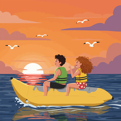 Obraz premium People Riding Banana Boat at Sunset with Seagulls Flying Around