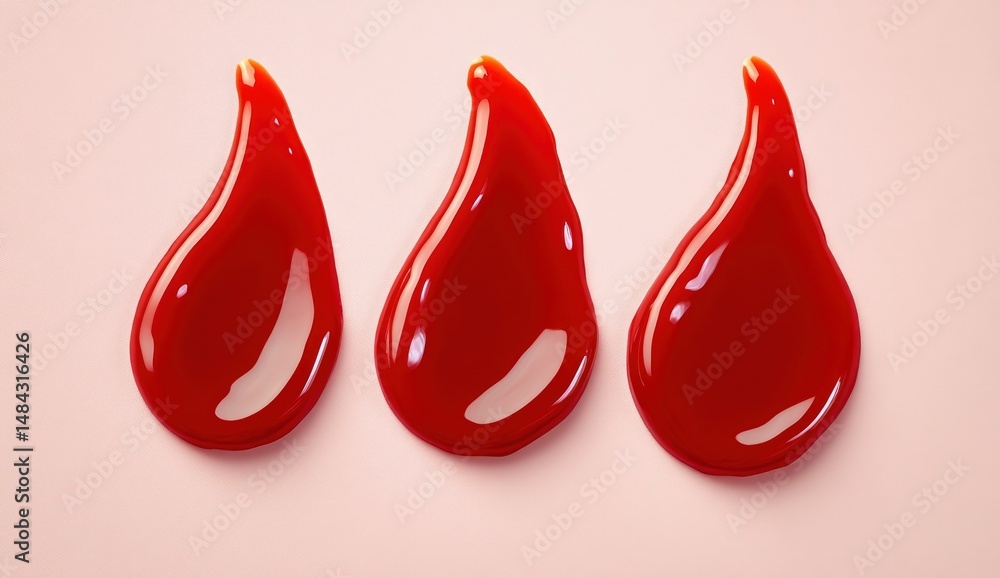Poster three glossy drops of red sauce on soft pink background in minimalistic style