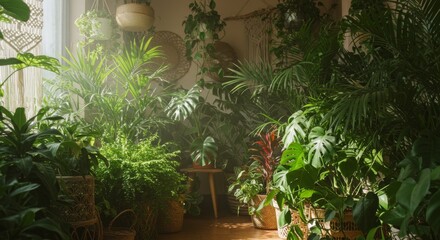 Obraz premium Sunlit Room Filled with Lush Green Indoor Plants