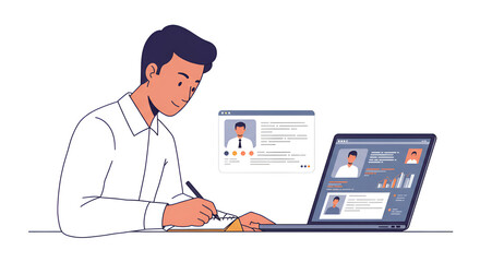 Man Reviewing Resumes on Laptop - Flat Illustration