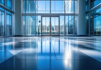 Bright and Spacious Modern Lobby with Floor-to-Ceiling Windows and Reflective Surface in Contemporary Building Design