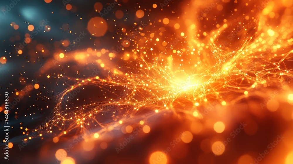 Poster abstract glowing particles with warm orange and blue tones creating dynamic light trails in a cosmic