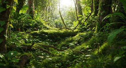 Fototapeta premium Lush Green Tropical Jungle with Sunlight Path
