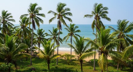 Lush Green Palm Trees on Tropical Sandy Beach with Azure Ocean