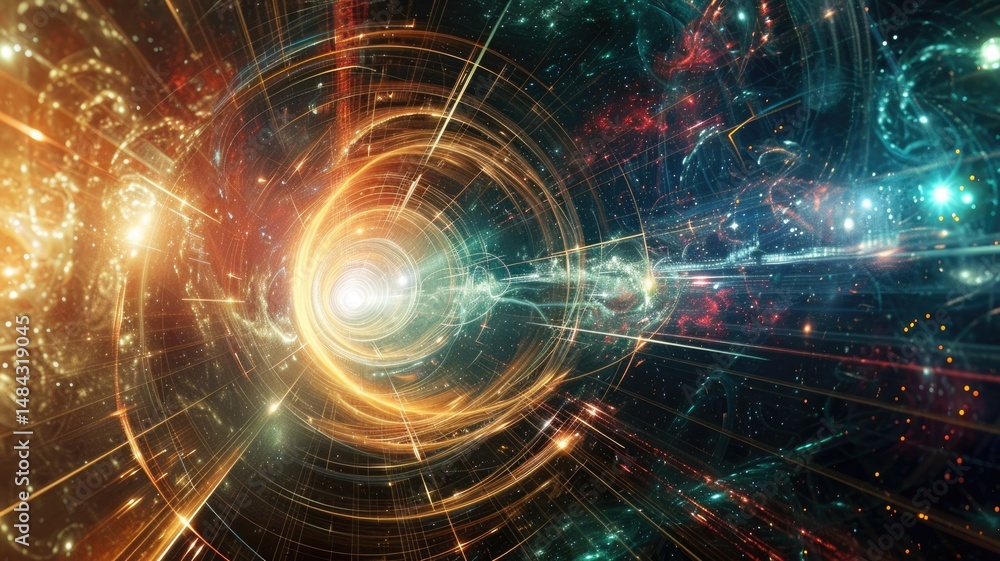Poster a cube with a galaxy inside on a starry background. digital artwork of starry cube surrounded with s
