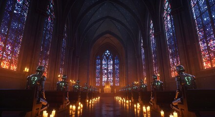 Fototapeta premium Gothic Cathedral Interior with Robots and Stained Glass Windows at Night