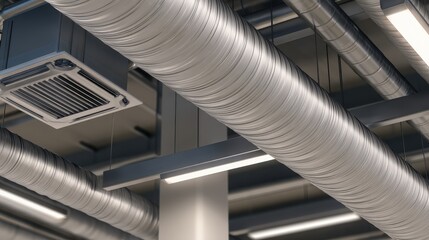 Industrial ceiling with metallic ductwork, air conditioning units, and modern lighting fixtures