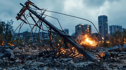 Destruction and chaos after recent attack urban landscape photography dramatic environment ground perspective