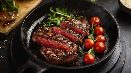 Rare steak slices with cherry tomatoes in cast iron skillet. Perfect for restaurants, food blogs, or meat product advertising.