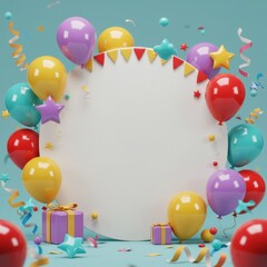 Festive Birthday Celebration with Colorful Balloons and Gifts: A Whimsical 3D Rendered Scene