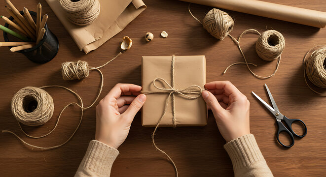 Person tying string around gift box on wooden table
