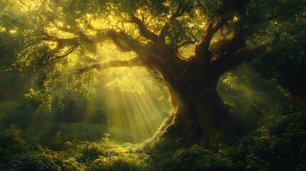 Ancient Oak Tree: Golden Sunlight, Lush Forest, Enchanting Scene