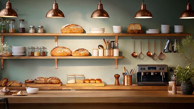 Cozy Bakery Interior with Shelves, Fresh Bread, Coffee Machine, and Warm Lighting in Modern Setting