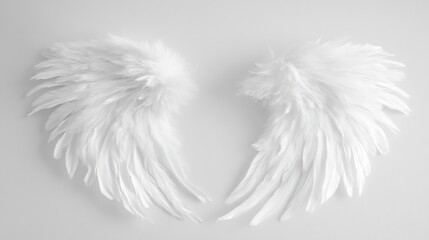 Two pure white, feathery angel wings displayed symmetrically on a light grey backdrop