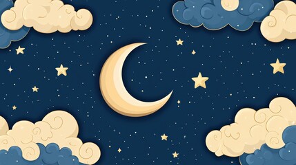 A serene night sky filled with a crescent moon, stars and puffy clouds
