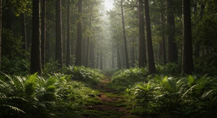 Obraz premium Sunlit Path Through Lush Green Forest