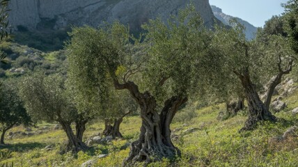 Ancient Gnarled Olive Trees Thriving on a Sunlit Mediterranean Hillside Beneath a Rocky Peak