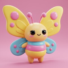 Naklejka premium Adorable 3D Render of a Cute Cartoon Butterfly with Pastel Colors on Pink Background