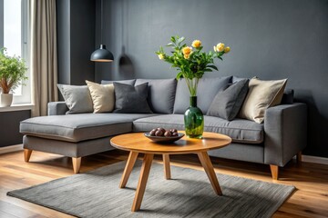 Minimalist Grey Living Room Interior Design - Single Flower Vase, Round Wooden Table, Dark Grey Sofa