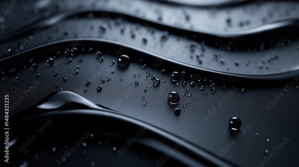 Poster Smooth Black Surface with Droplets of Water and Elegant Waves for Background or Texture Use