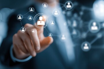 Human resource management technology (HR), Human resource manager touching human resource network structure and checks the CV online to choose the perfect employee for company, Effective recruitment.