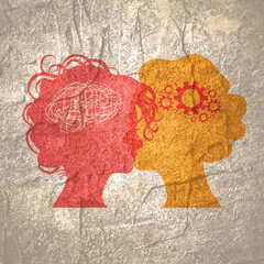 Metaphor bipolar disorder mind mental. Split personality. Concept mood disorder. Two head silhouette. Psychology and mental health. Dual personality concept. Tangle and gears