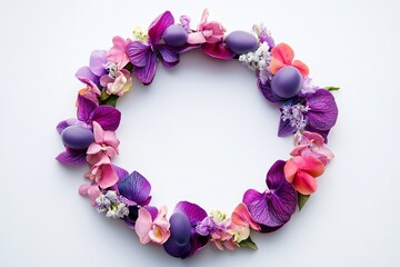 Obraz premium Circular floral arrangement of purple and pink flowers and eggs.