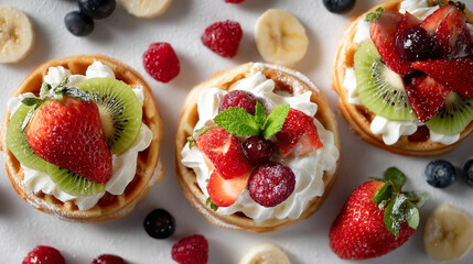 Delicious homemade waffles with fresh fruit toppings for breakfast or dessert food styling photography 