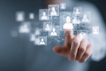 Human resource management technology (HR), Human resource manager touching human resource network structure and checks the CV online to choose the perfect employee for company, Effective recruitment.