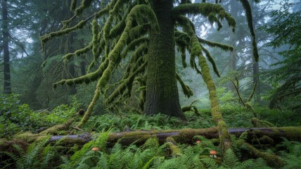 Ancient Moss-Draped Trees in a Mystical Foggy Rainforest Undergrowth