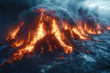 Large volcano engulfed by lava.