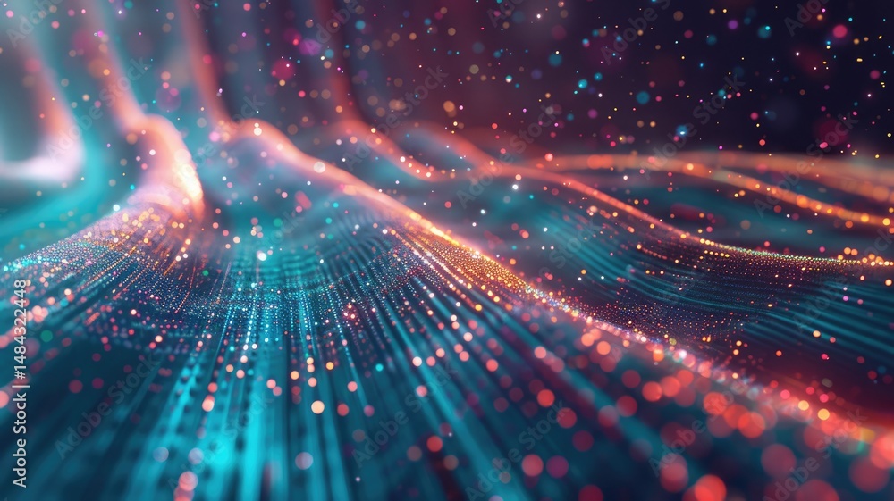 Poster abstract picture micro light sparkling particle represent data flow vivid flowing wave with high tec