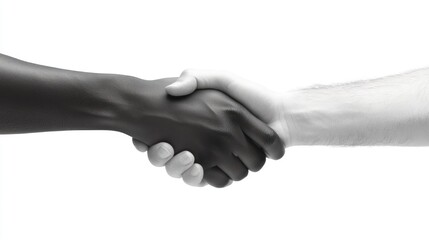 Two hands in a handshake, black and white, representing unity and equality