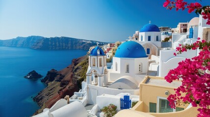 Azure Domes Amidst Whitewashed Walls Overlooking a Cerulean Aegean Vista with Floral Accents