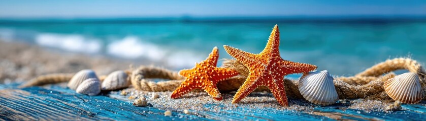 Beach scene on blue wooden with starfish and sand concept. Colorful starfish on a sandy beach with seashells and ocean waves.