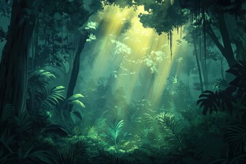 Sunlight streaming through the dense canopy of a lush, green forest scene