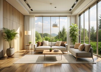 Minimalist Modern Interior Design Panoramic, Contemplative Space, Calm Room, Architectural Photography