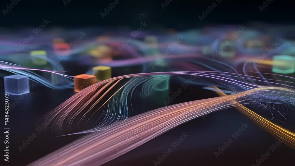 Poster luminous geometric cubes floating and vibrant lines waving dynamically, generating futuristic digita