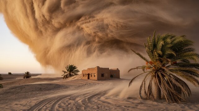 Colossal Desert Sandstorm Engulfs Isolated Dwelling and Palm Trees in Arid Landscape