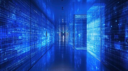 A neon-lit cyber data hub processing massive streams of encrypted blue information