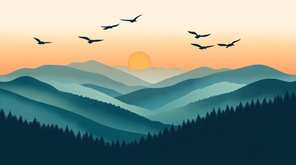 Naklejka premium Mountain sunset landscape with birds